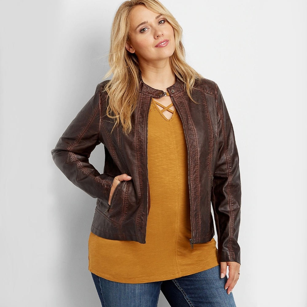 Faux Leather Jacket With Ribbed Knit Panels